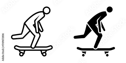 Skateboard icon set. Simple illustration of a skateboarder figure riding a skateboard. Ideal for sports, recreation, and transportation related projects. Isolated on white background.
