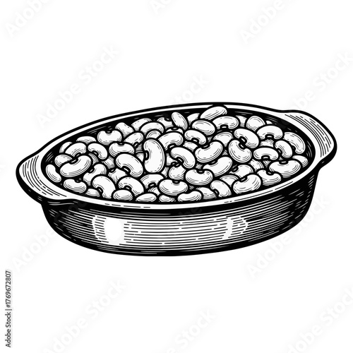 Clay baking dish with beans. A vintage food graphic in a hand-drawn, black and white engraving style