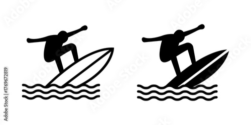 Surfing icon set. illustration of a surfing man riding a surfboard over a wave. Isolated graphic element perfect for summer, vacation, or sport related designs. Isolated on white background.