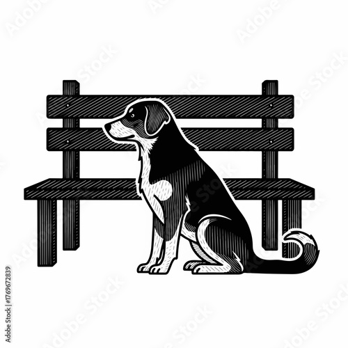 Engraving style graphic of a dog waiting by a bench. Monochrome pet symbol for a logo. Isolated design element