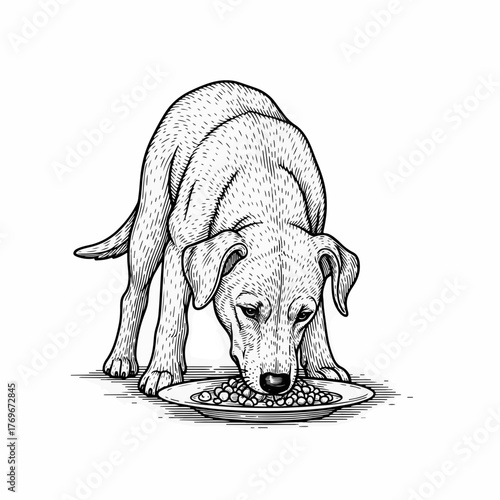 A dog eating food from a plate. Vintage hand-drawn engraving style line art. Black and white sketch of a puppy feeding