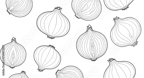 Black and white seamless pattern featuring an illustration of onions in various positions and orientations, conveying a culinary theme.