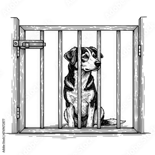 A sad dog sitting behind a shelter gate. Black and white engraving style line art. Animal adoption and welfare concept vector illustration