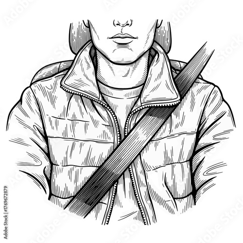 A driver wearing a seatbelt and jacket in a car. Detailed black and white line art drawing. Road safety and vehicle security concept