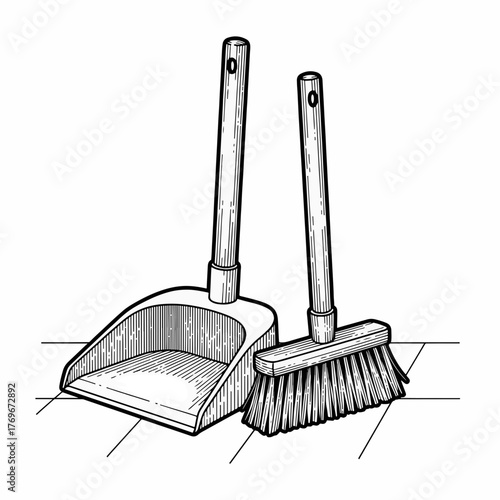 A hand-drawn dustpan and brush in a vintage sketch style. Black and white line art of cleaning tools for household chores. Graphic isolated on a white background.