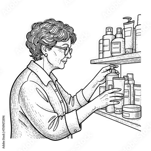Elderly woman choosing moisturizer from a shelf. Senior skincare and beauty concept. Hand-drawn black and white line art