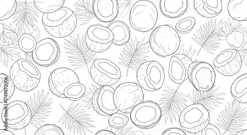 Hand-drawn coconut and palm leaves pattern, suitable for tropical-themed designs and backgrounds, monochrome illustration style.
