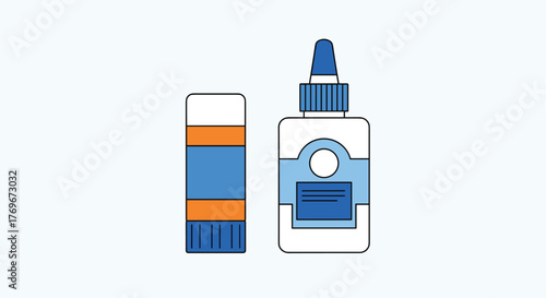 Illustration of a glue stick and a bottle of liquid glue on a light blue background.