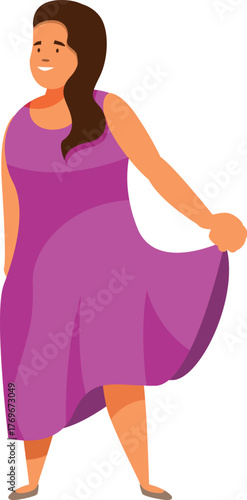 Body positive fashionable woman wearing purple dress, holding her skirt and smiling, promoting self love and acceptance