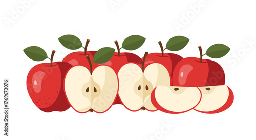 Fresh red apples are depicted in a colorful flat illustration, featuring whole, halved, and sliced pieces arranged in a row with green leaves.