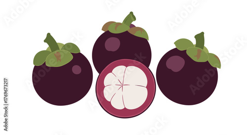 Four cartoon mangosteen fruits, one cut open to reveal its white segments.
