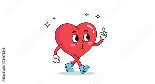A cheerful cartoon heart walking with a thoughtful expression and a raised finger, suggesting an idea or inspiration on a white background.