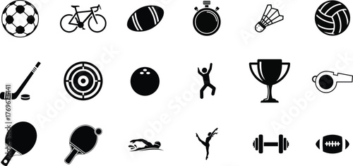 Collection of black and white sports equipment and icons representing various athletic activities and competition