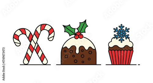 A cheerful vector illustration of classic Christmas treats: striped candy canes, a holly-adorned plum pudding, and a festive snowflake cupcake.