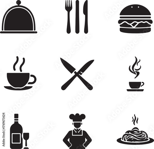 Collection of black food and restaurant icons on a white background food icons cloche