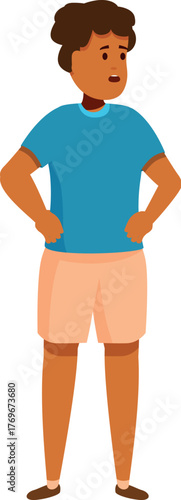 Worried boy standing with hands on hips, waiting and looking to the side
