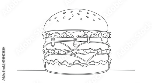 Line drawing of a large burger with multiple layers, dripping sauce, and a sesame seed bun on a white background.