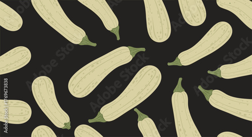 Illustration of a scattered pattern featuring white squash vegetables on a dark background, a food design concept.