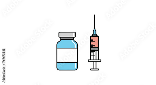 Vaccine vial and syringe illustration on a white background, representing vaccination and medical procedures.