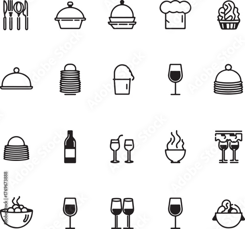 Outline Icons Of Food And Drink Items Such As Utensils Dishes Chef Hat And Wine Bottle Keywords: food, drink, icon, outline, set, collection, black, white, restaurant, kitchen, cooking, dining