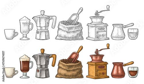 Set coffee. Hand-held grinder, sack bean, moka pot, turkish copper, glass latte with whipped cream. Vintage color vector engraving isolated on white