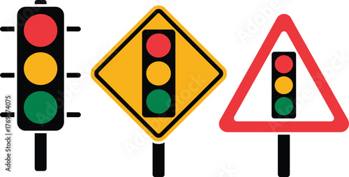 Traffic light symbol signs, road safety warning, vertical signal lights, diamond and triangle signs, driving alert, transportation signage, caution ahead