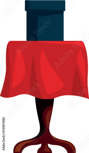 Magician table with red cloth and magic box ready for performing a trick, isolated on white background