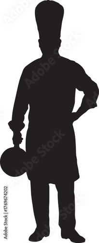 Silhouette of a chef standing with one hand on hip and holding a round pan cook culinary