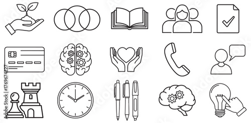 Education Growth Icons, Set Of Book Brain And Lightbulb Symbols For Learning Design Project Management And Personal Development Applications

