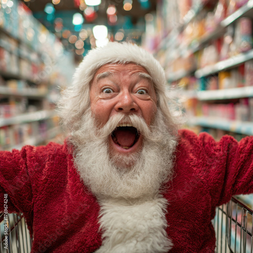Excited Santa Claus: Close-up Portrait with a Wide, Jolly Smile.