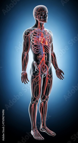 Anatomical illustration of the human circulatory system with heart and major blood vessels