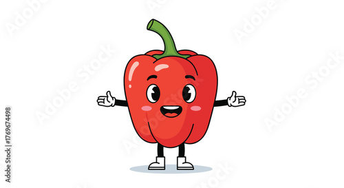 Cartoon red bell pepper with a happy expression, standing with arms outstretched, perfect for illustrating healthy eating habits and fun vegetable themes.