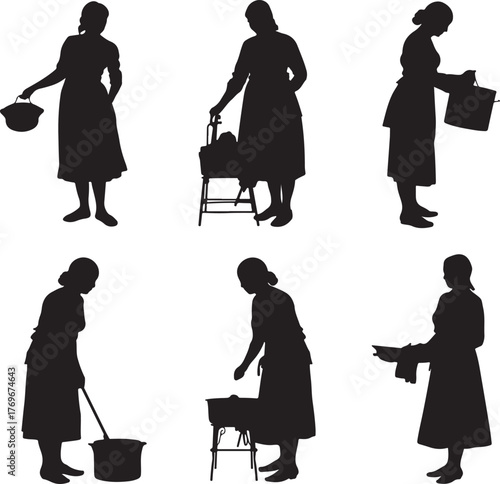 Six Black Silhouettes Of A Woman Performing Household Chores Including Mopping And Carrying Water Keywords: silhouette, woman, female, historical, vintage, domestic, chore, housework, cleaning