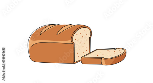 A loaf of bread with one slice cut off on a white background.