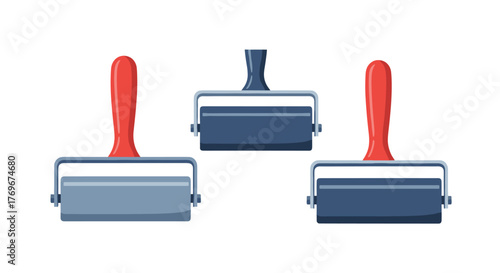 Three graphic art rollers with red and blue handles and blue rollers are shown against a white background.