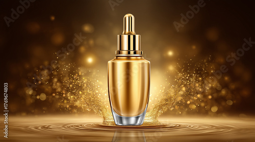 高級感ある金色美容液ボトルと飛沫を伴うモックアップ素材（贅沢/プレミアム）