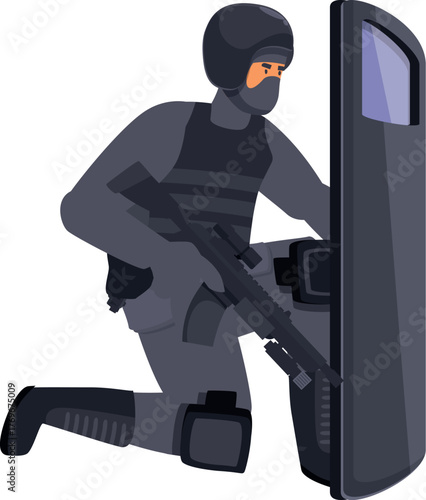 Police officer in protective gear kneeling behind riot shield and holding an assault rifle, ensuring safety and maintaining order in a high risk situation