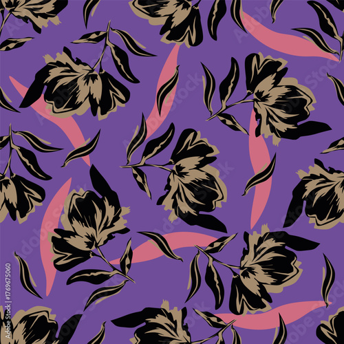 Floral botanical vector texture pattern with flowers and leaves. Seamless pattern can be used for wallpaper, pattern fills, web page background, surface textures.
