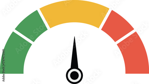 Performance gauge icon, risk meter graphic, satisfaction scale, colored indicator dial, dashboard UI element, semicircle chart, status needle