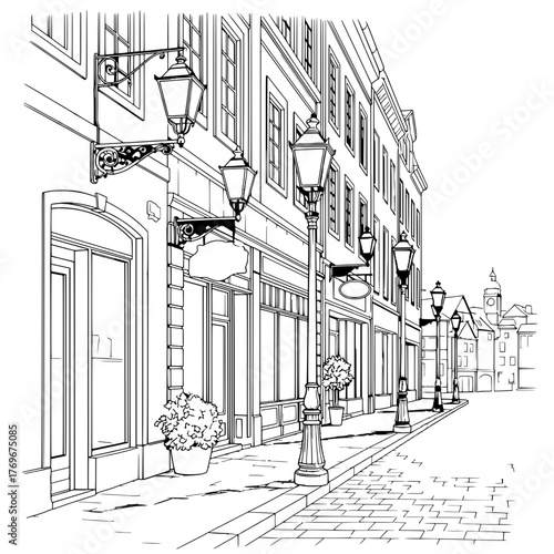 Detailed black and white sketch of a charming European street scene with quaint shops and vintage lampposts