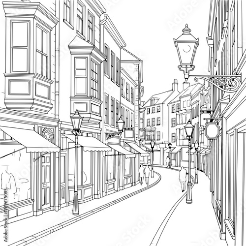 Charming European Street Scene Drawing - Intricate Architectural Detail