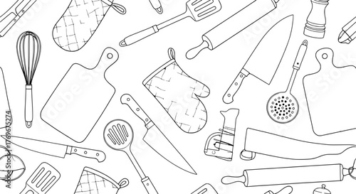 Seamless Kitchen Utensils Pattern for Culinary Designs and Cooking-Themed Graphics