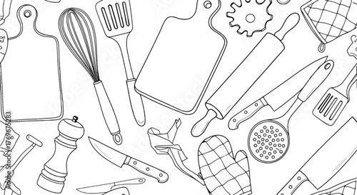 Kitchen Utensils and Baking Tools Clipart Black and White Line Art