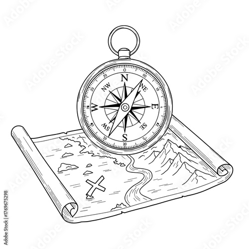 Illustration of a Compass and Map Leading to an Adventure or Treasure Hunt