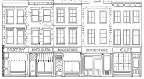 Black and white line drawing of storefronts on a city street