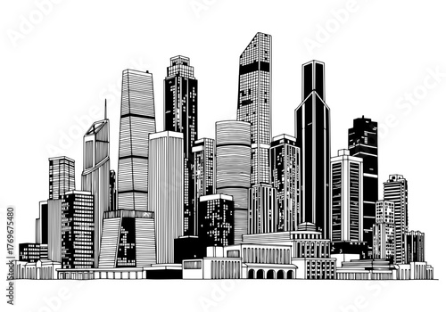 Hand-drawn monochrome illustration of a modern metropolitan city skyline