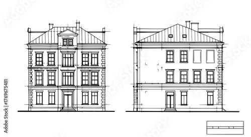 Traditional European building elevations, precise line art architectural design drafts