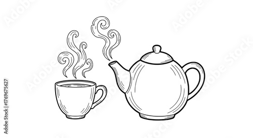 Cozy Tea Time Sketch of Teapot and Steaming Cup