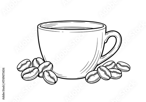 Hand-drawn coffee cup and roasted beans sketch illustration for cafe menu design