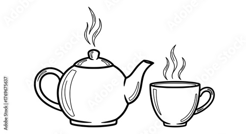 Steaming Hot Tea in Teapot and Cup - A Refreshing Beverage Illustration